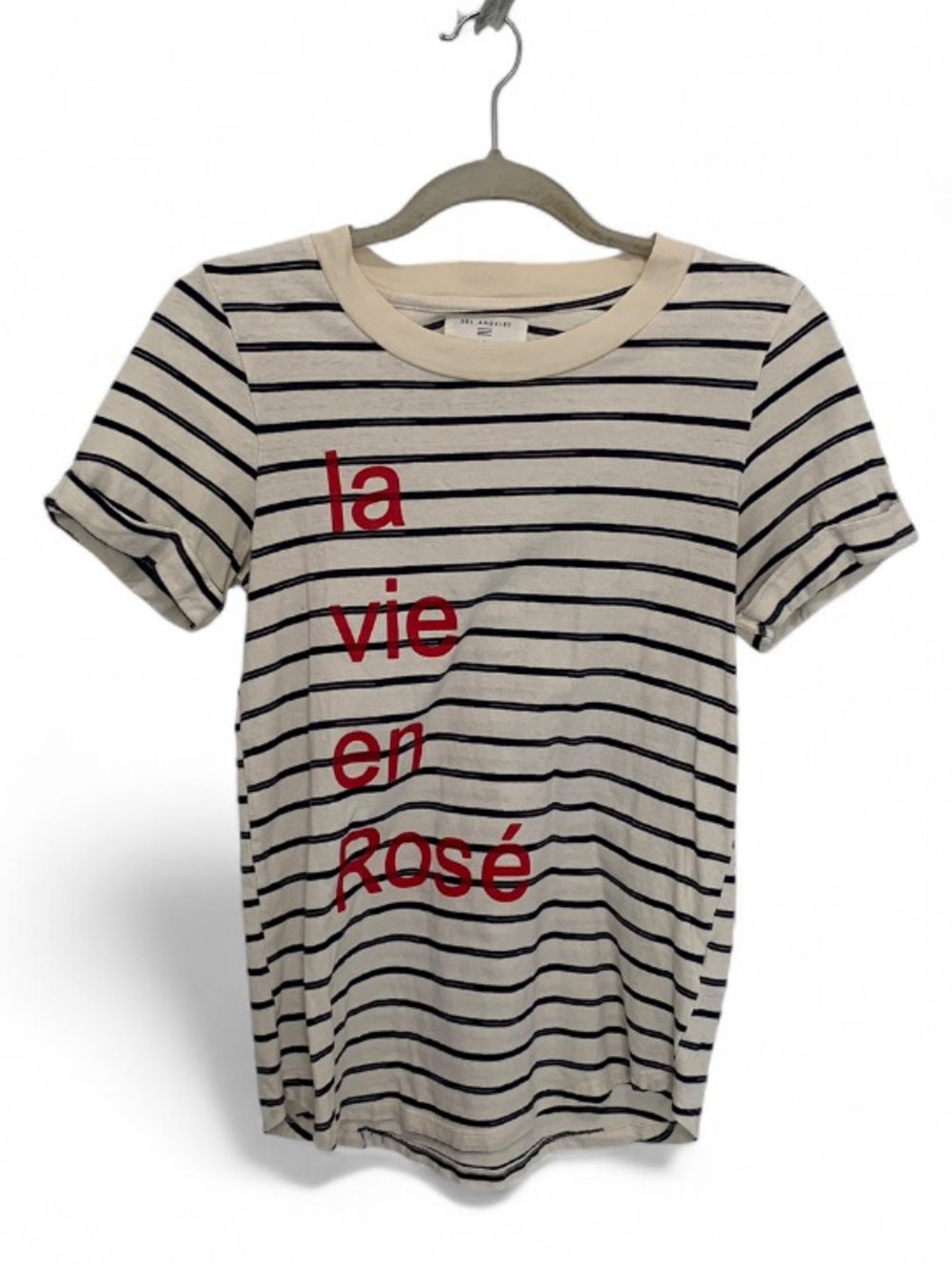 Sol Angeles La Vie En Rose Cream Short Sleeve Tee Shirt with Dark Blue Stripes
